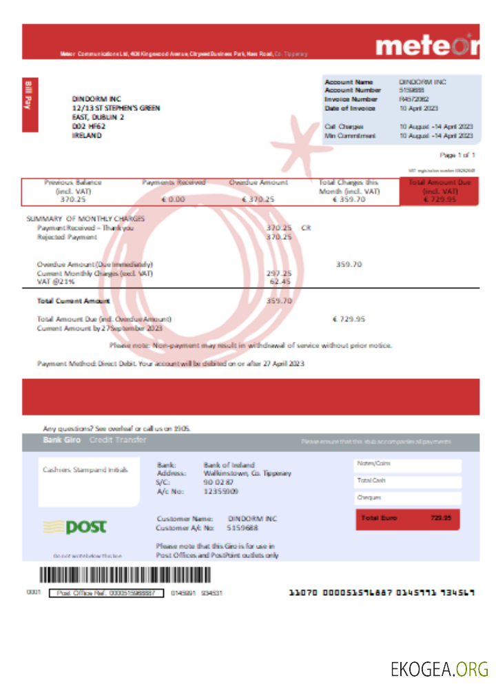 Facture commerciale du service public Meteor, SCR